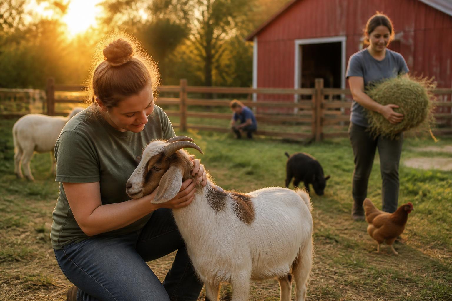 Volunteers caring for rescued farm animals at a sanctuary during golden hour