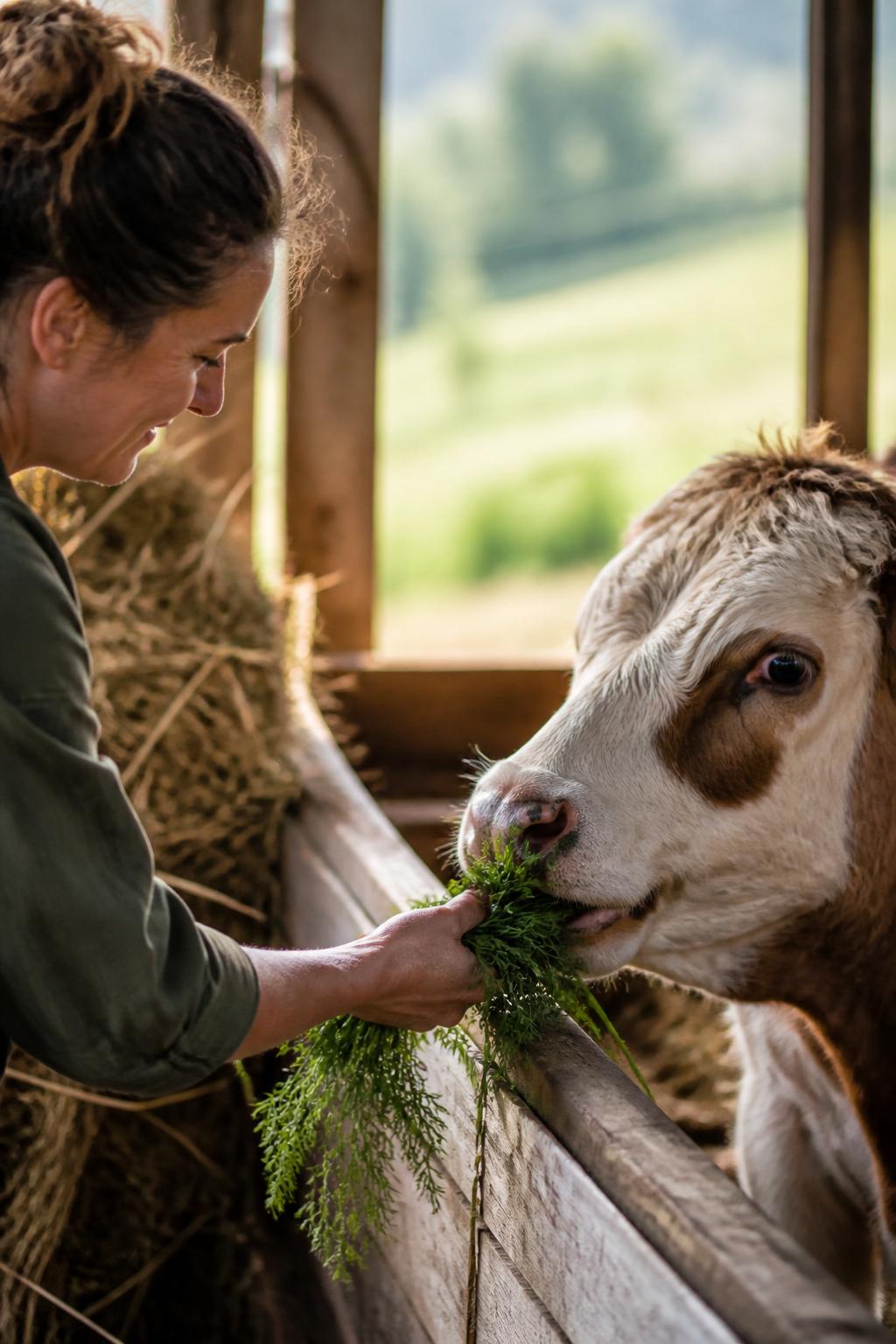 Volunteer feeding fresh greens to a rescued cow in a barn