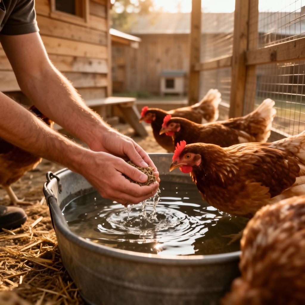Hands filling a water trough for rescued chickens