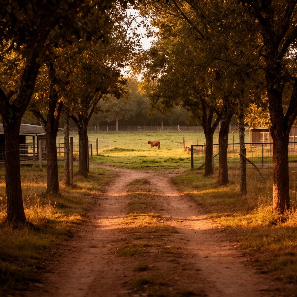 A dirt path lined with trees leading to a small pasture