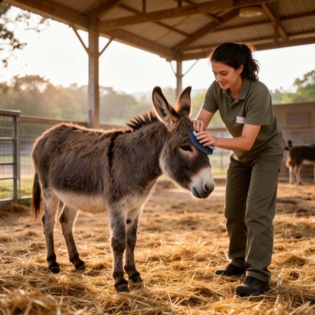 A rescued donkey being gently brushed by a volunteer